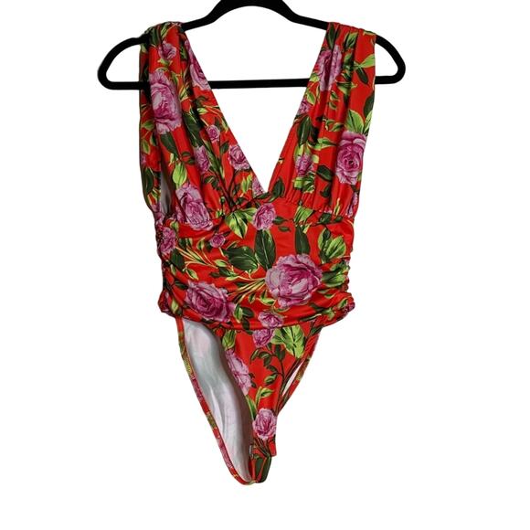 Zara Floral V- Neck Draped Bodysuit Blogger Fave Orange Pink Size S - Picture 2 of 3